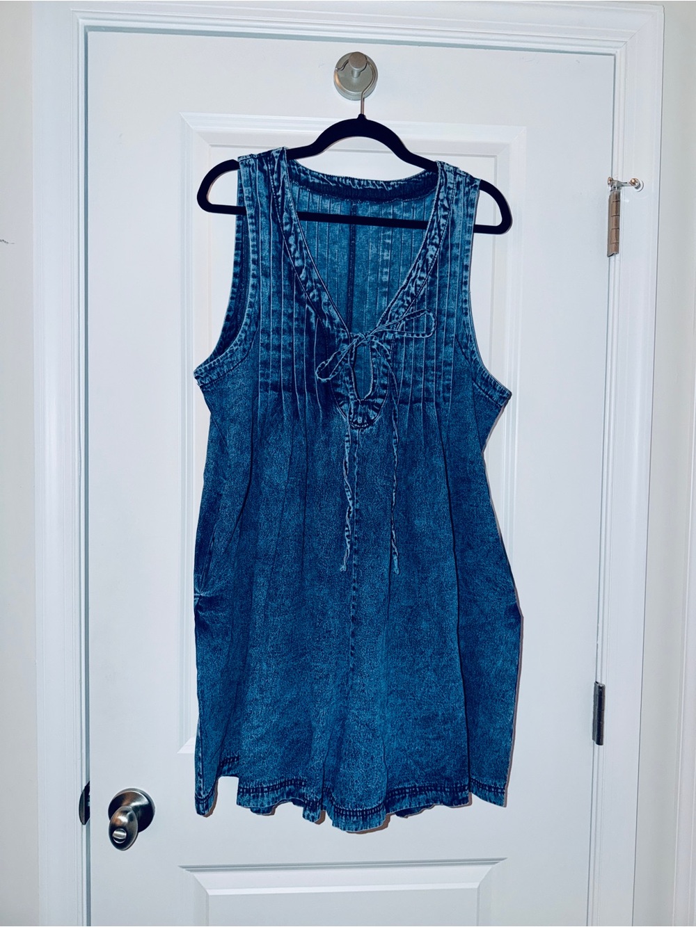 Sleeveless Denim Tunic Romper in Washed Blue